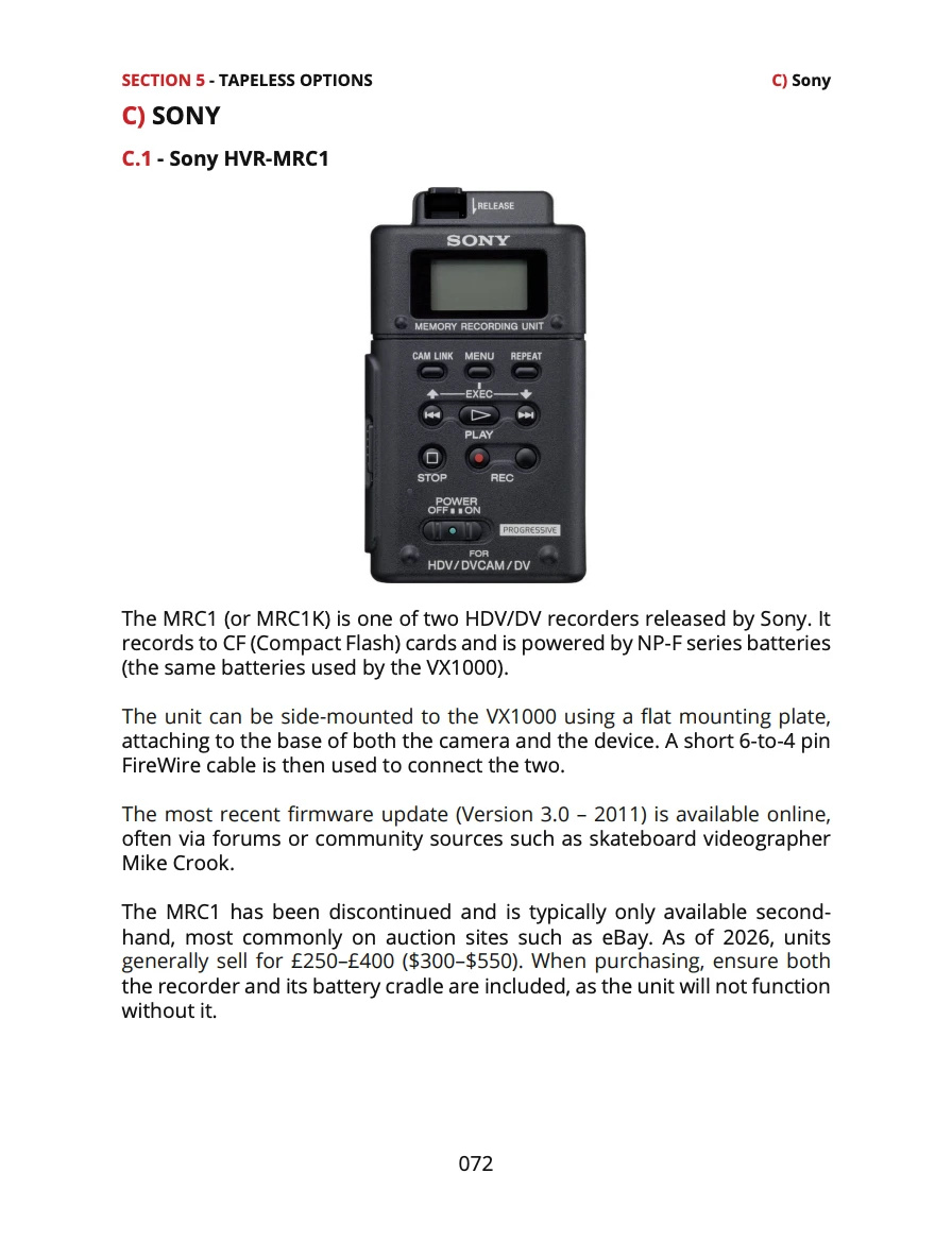Braynes Sony VX1000 Owners Field Manual view 8 | SDS